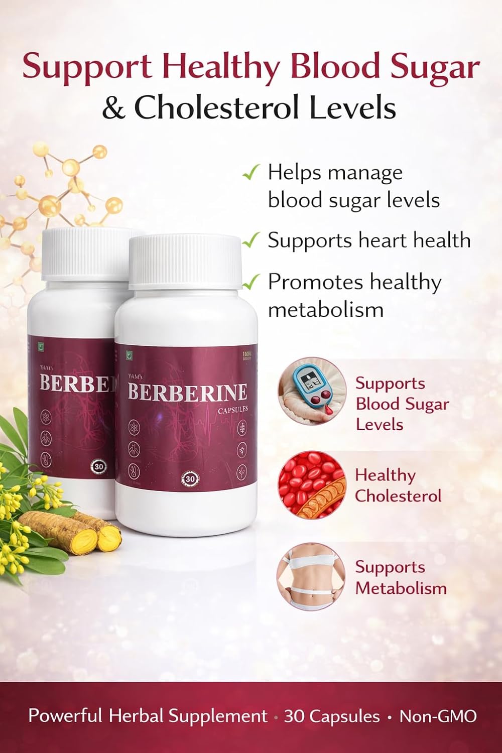 Berberine Capsules, Herbal Supplement for Blood Sugar Support, Heart Health & Metabolism, 30 Veg Capsules
