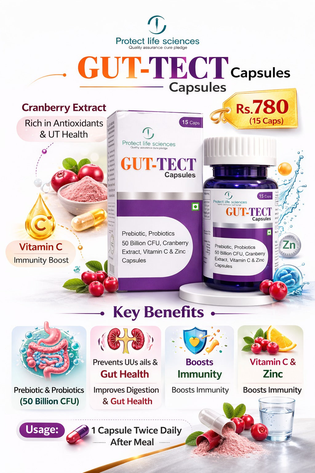 GUT-TECT Capsules – Prebiotic & Probiotic with Cranberry, Vitamin C & Zinc (15 Caps)