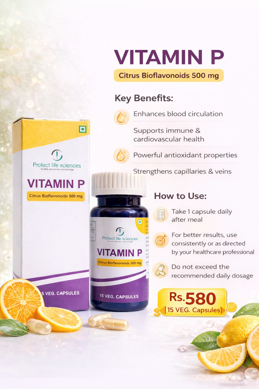 Vitamin P Capsules – Citrus Bioflavonoids 500 mg for Immunity & Circulation (15 Veg Capsules)
