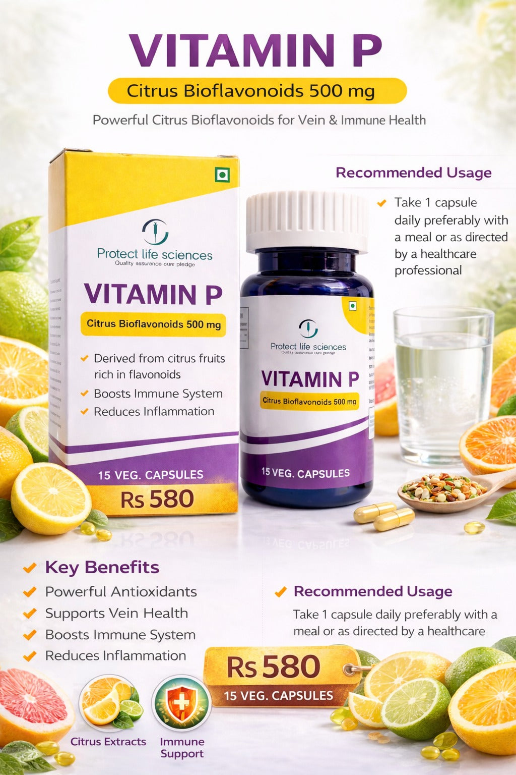 Vitamin P Capsules – Citrus Bioflavonoids 500 mg for Immunity & Circulation (15 Veg Capsules)